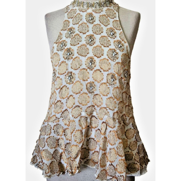 Kimchi Blue Rhinestone Beaded Gem Gold Metallic Jacquard Halter Blouse S 4-8 - Picture 1 of 7